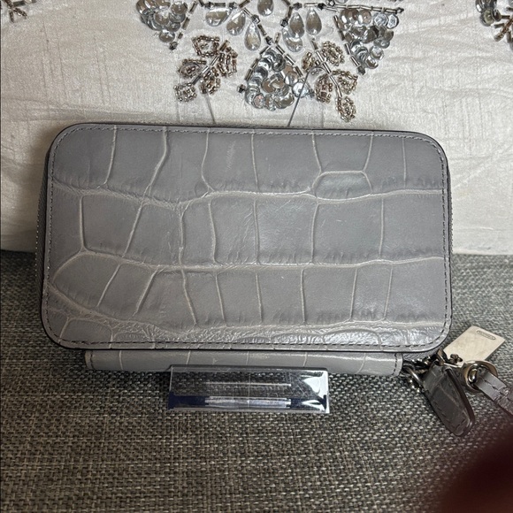 Coach Croc-Embossed Gray Leather Wristlet - Picture 4 of 7